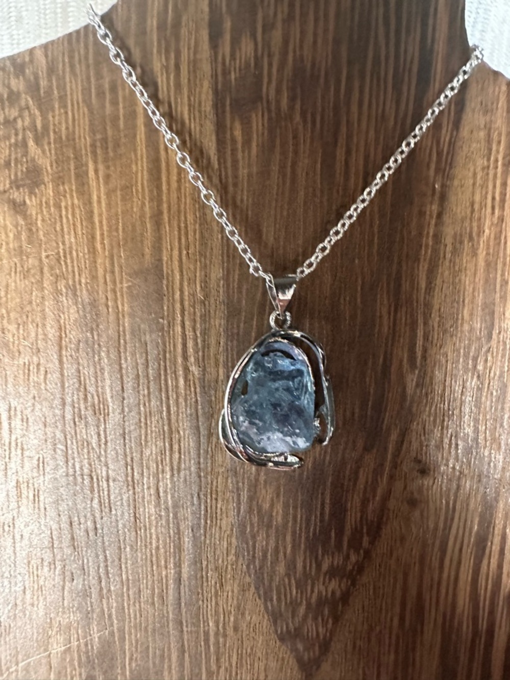 Blue Raw Stone Pendant Necklace - Silver Metal - Picture 13 of 16